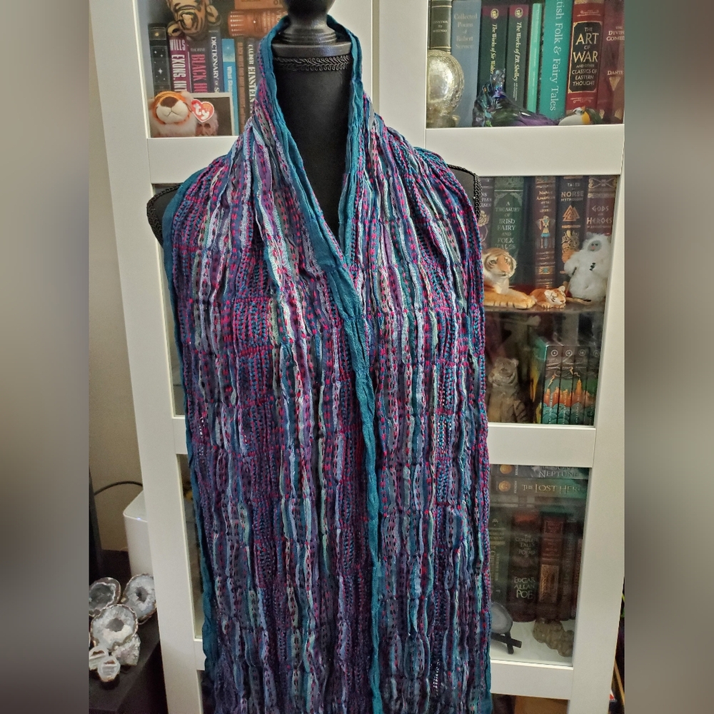 Teal and Fuchsia Scarf with Woven Pattern